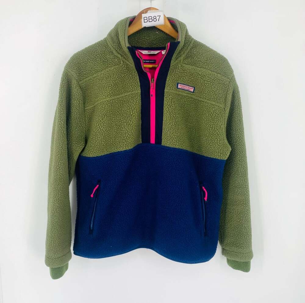 Vineyard Vines The Shep Shirt Women's M Green Navy Sherpa 1/2 Zip Preppy Jacket